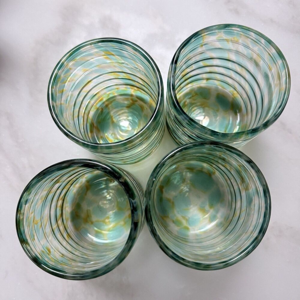 Set (4) VTG Signed David Lindsay 2002 Art Glass Tumblers Seafoam & Gold Torcello - Picture 11 of 12